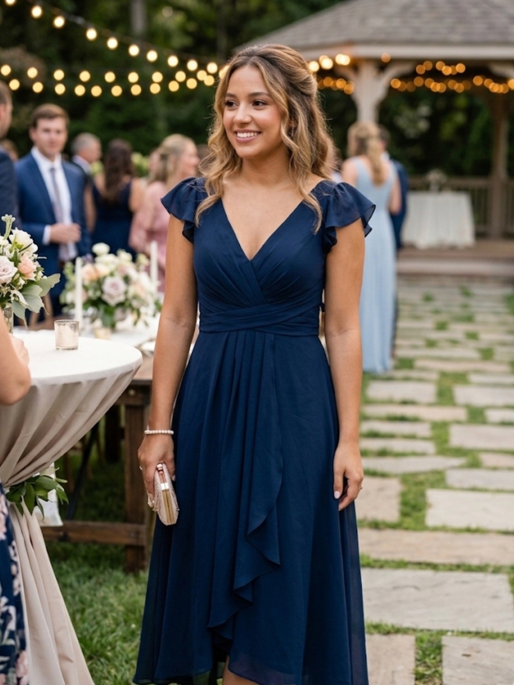 Navy V-Neck Ruffled Sleeve Midi Dress